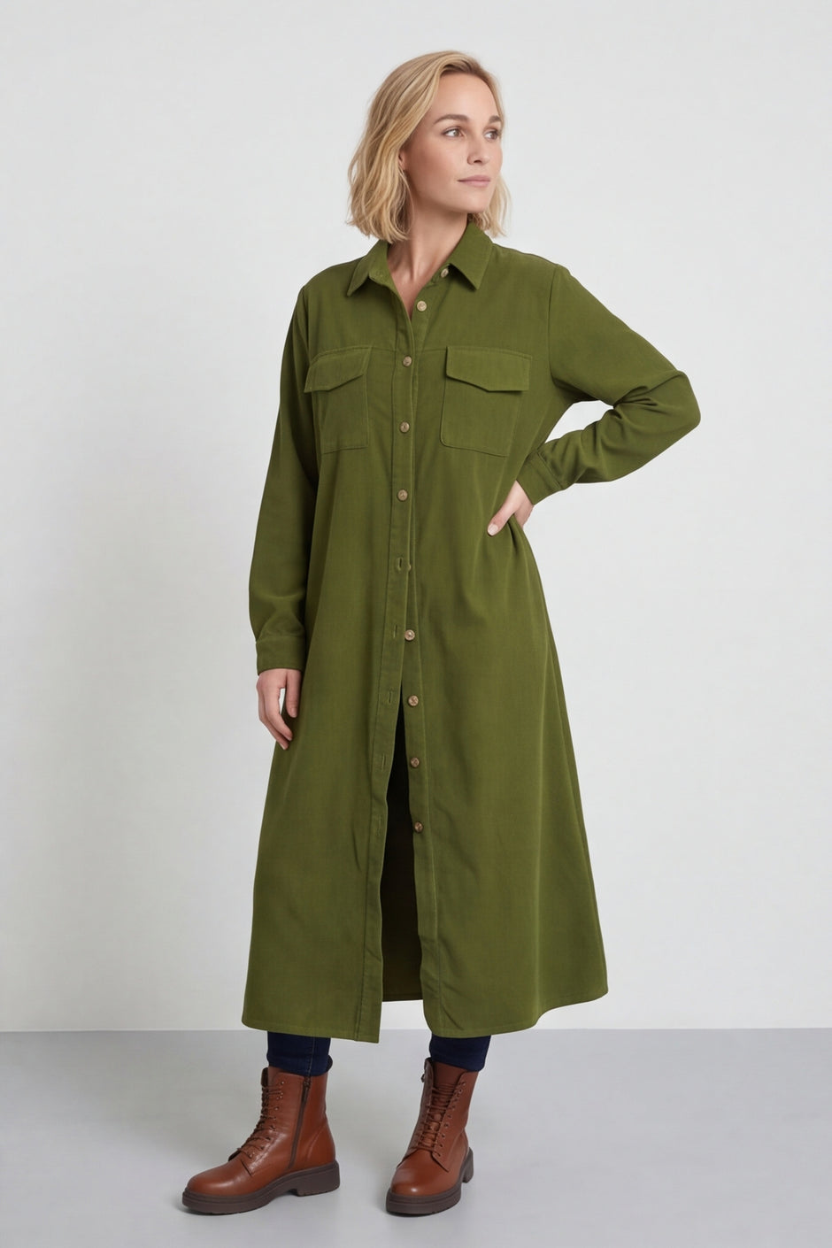 Dezi Needlecord Shirt Dress Olive – image 3 of 6