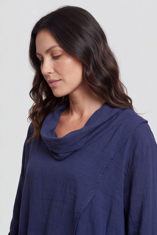 Beulah Cowl Neck Cotton Top Navy – image 2 of 4