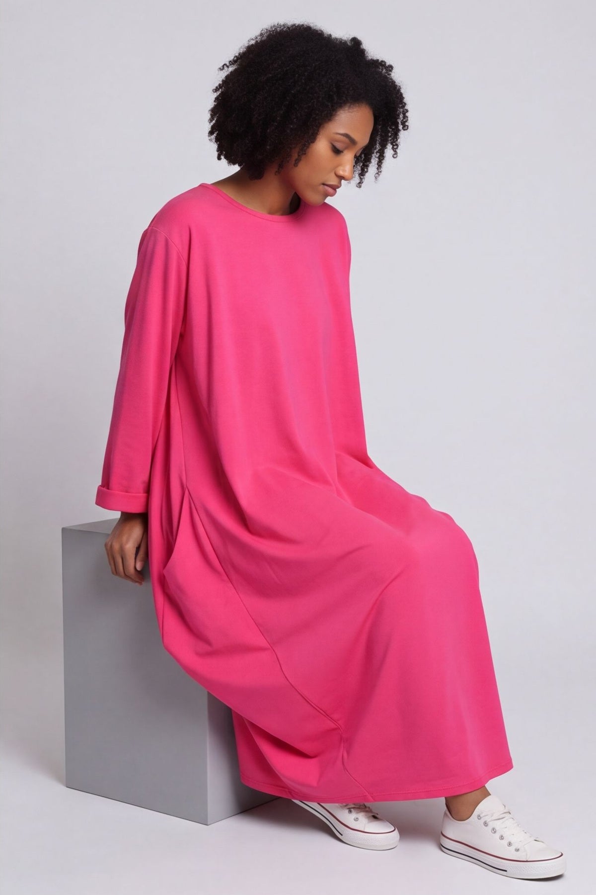 Brianne Long Sleeve Cotton Dress Fuchsia – image 3 of 6