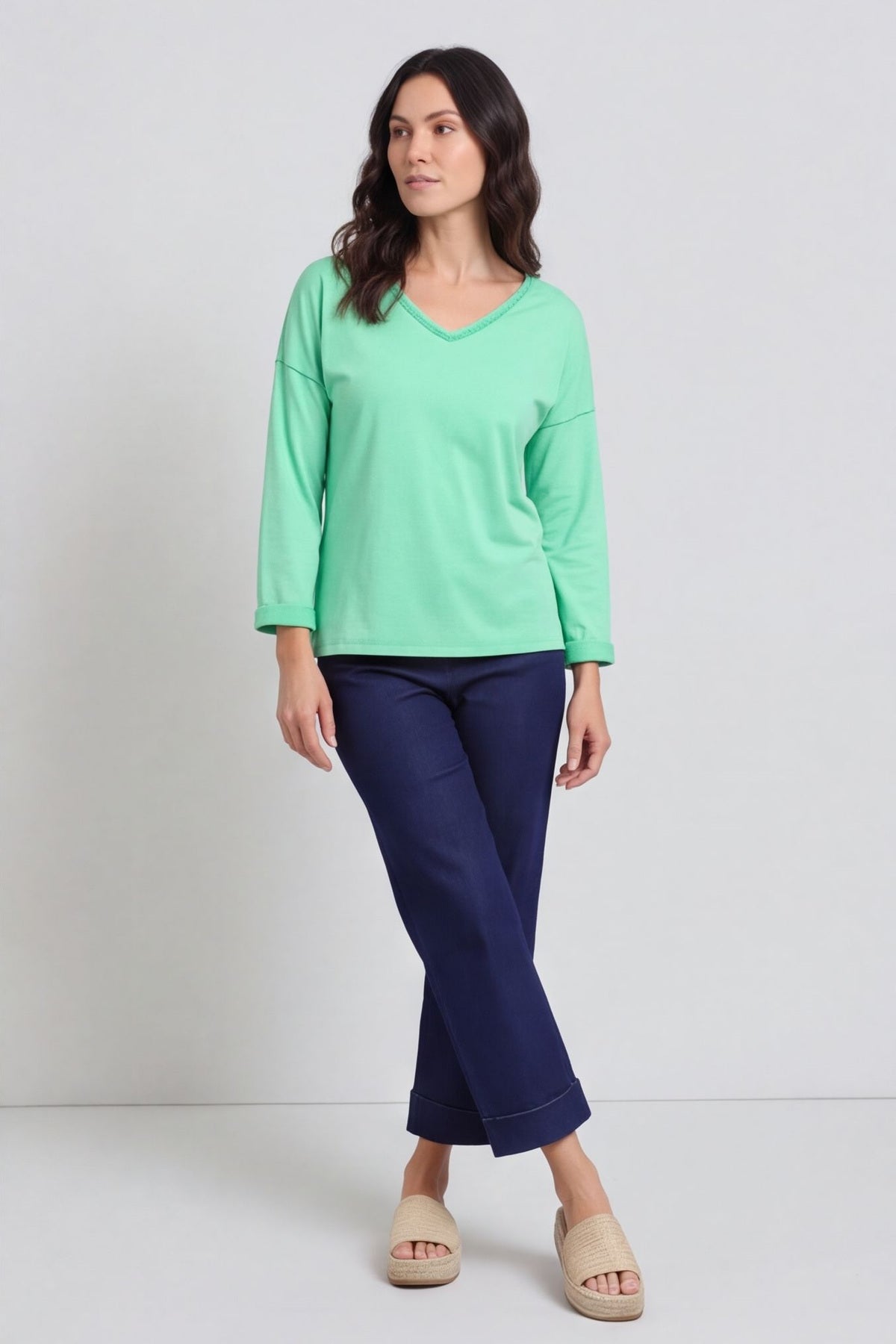 Kinsley Washed V-Neck Cotton Top Green – image 3 of 6