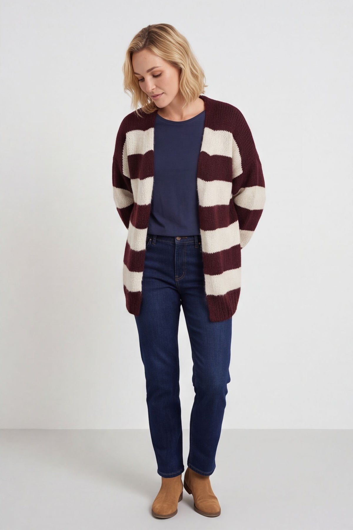 Kennedy Stripe Knitted Cardigan Wine – image 3 of 6