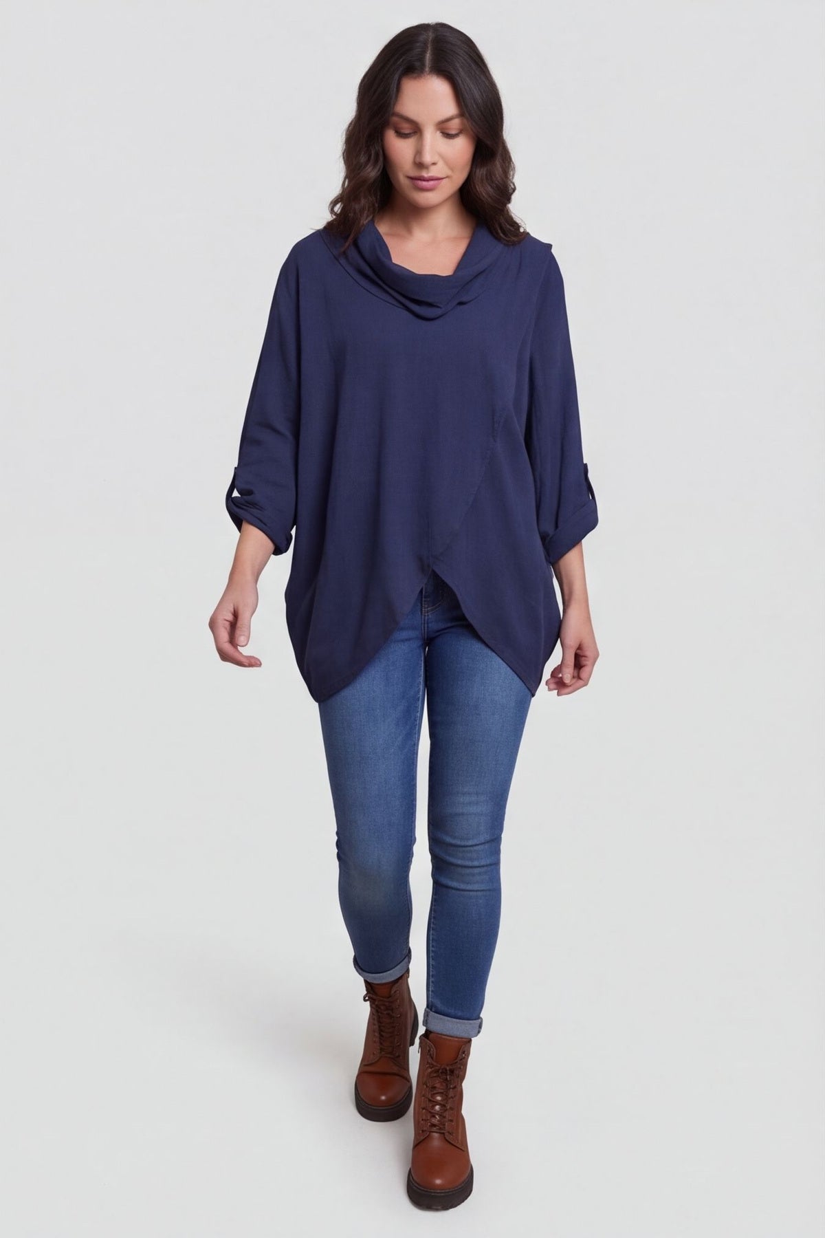 Beulah Cowl Neck Cotton Top Navy – image 3 of 4