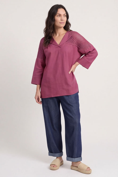 Natasha Crochet Shoulder Linen Top Wine – image 4 of 6