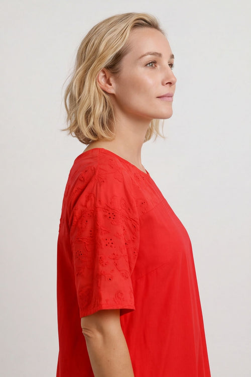 Raven Embroidered Shoulder Cotton Dress Red – image 2 of 4