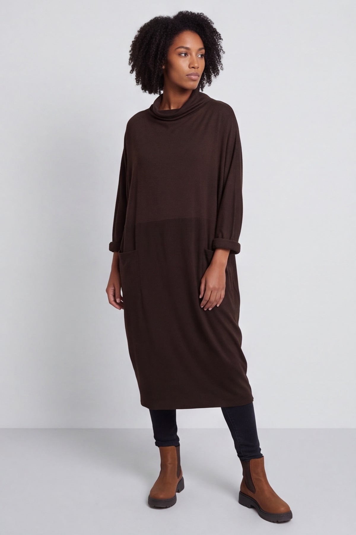 Libby Cowl Neck Cotton Dress Cocoa – image 4 of 6