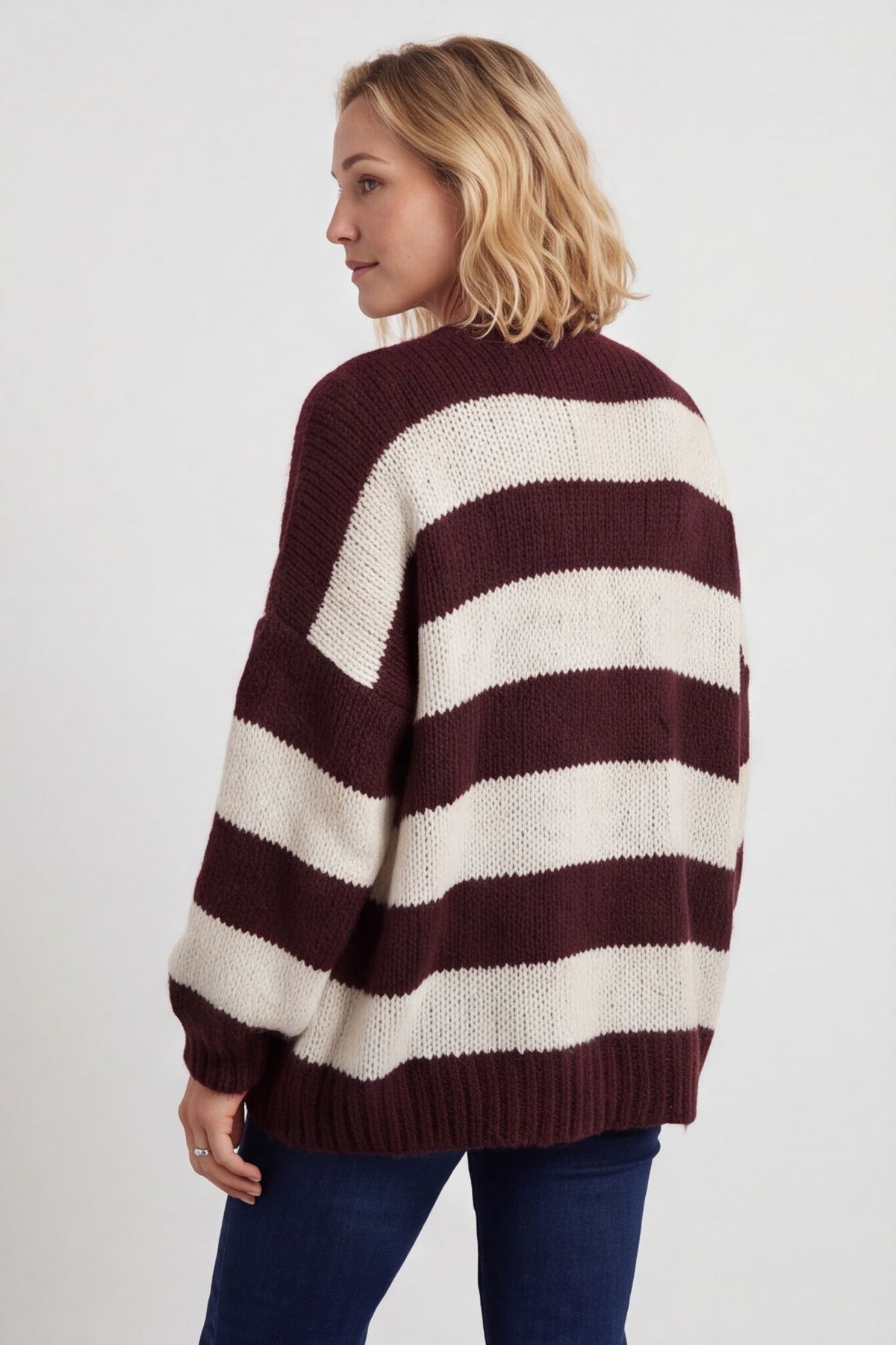 Kennedy Stripe Knitted Cardigan Wine – image 4 of 6