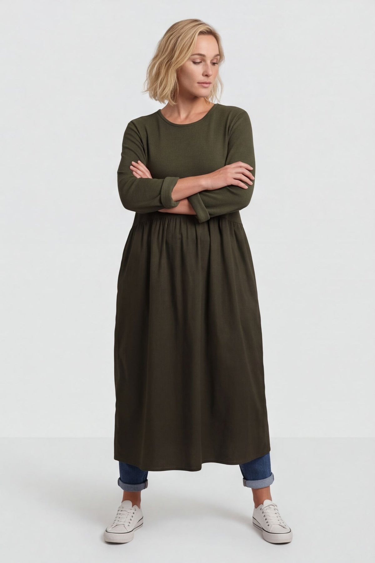 Tina Ribbed Detail Cotton Dress Khaki – image 4 of 6