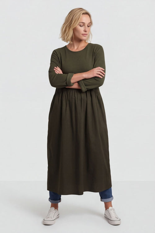 Tina Ribbed Detail Cotton Dress Khaki – image 4 of 6