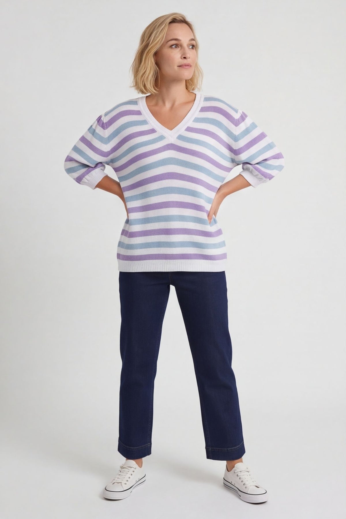 Gladys Stripe Knit Cotton Top Purple – image 4 of 6