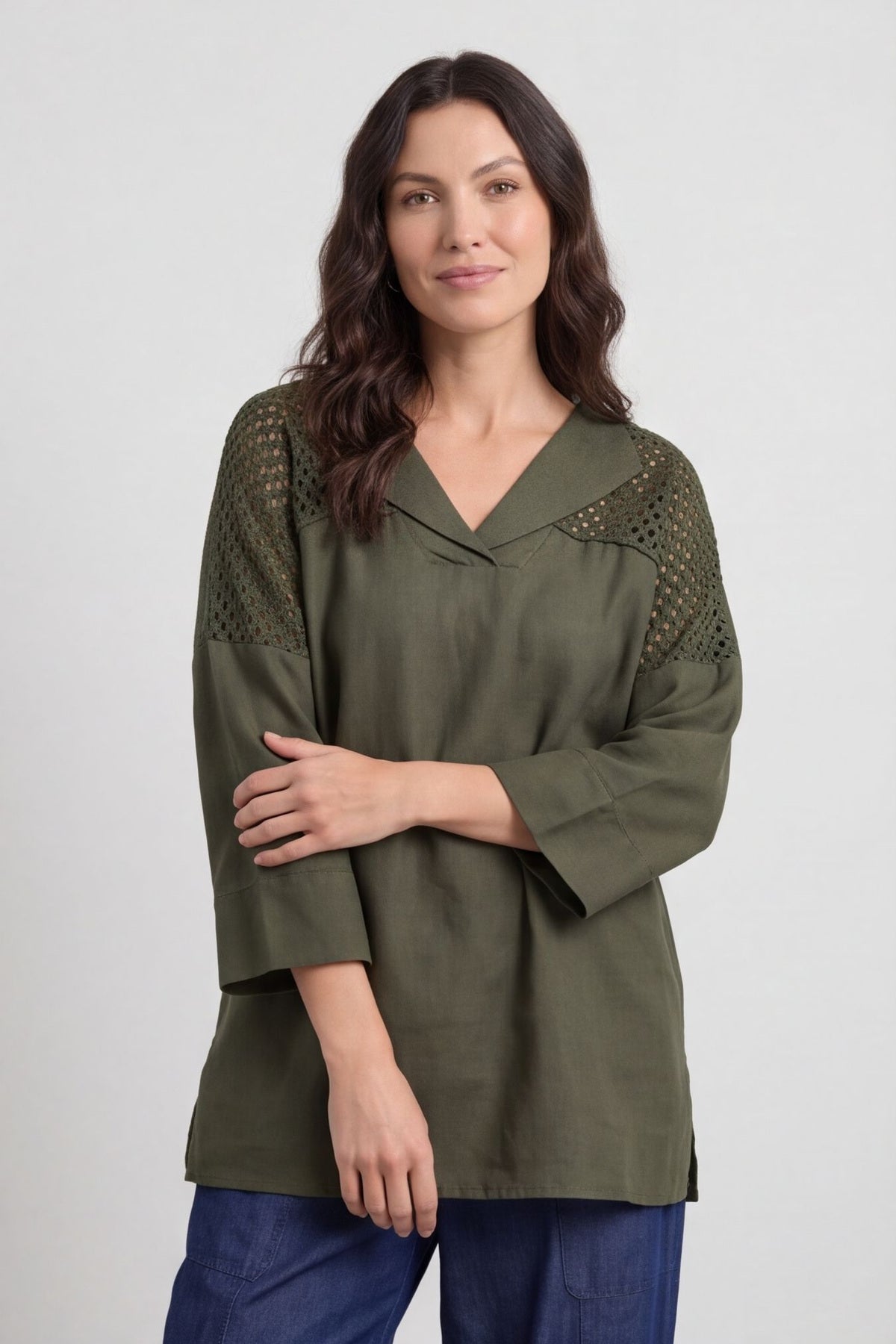 Natasha Crochet Shoulder Linen Top Dark Khaki – image 4 of 6