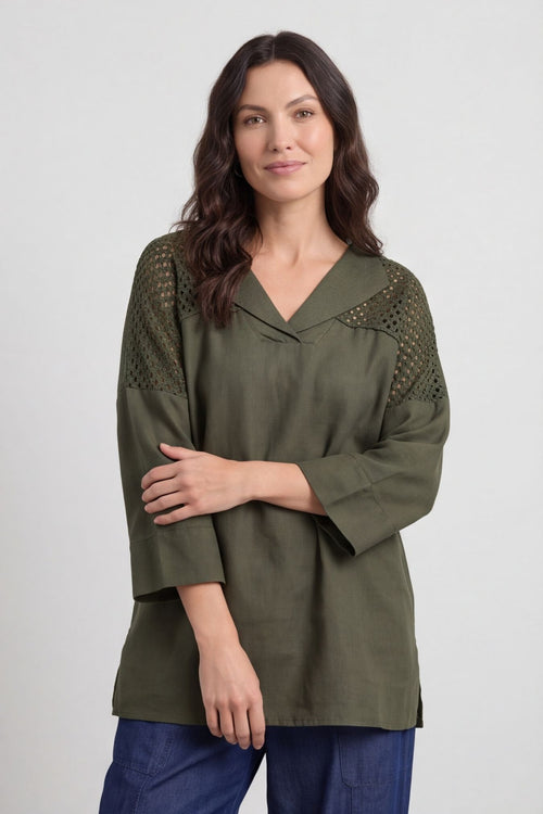 Natasha Crochet Shoulder Linen Top Dark Khaki – image 4 of 6