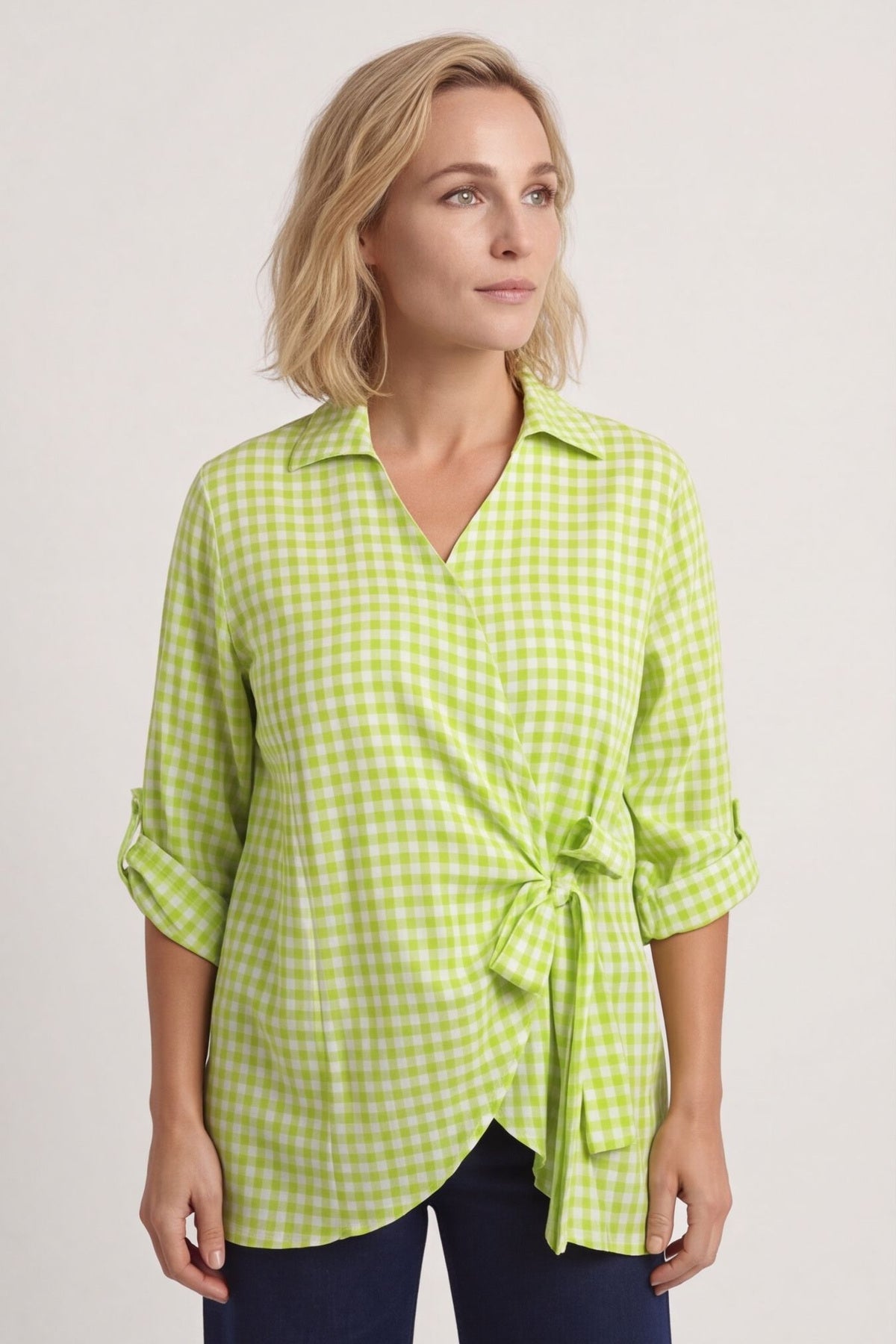 Shyla Gingham Wrap Cotton Top Lime – image 3 of 5