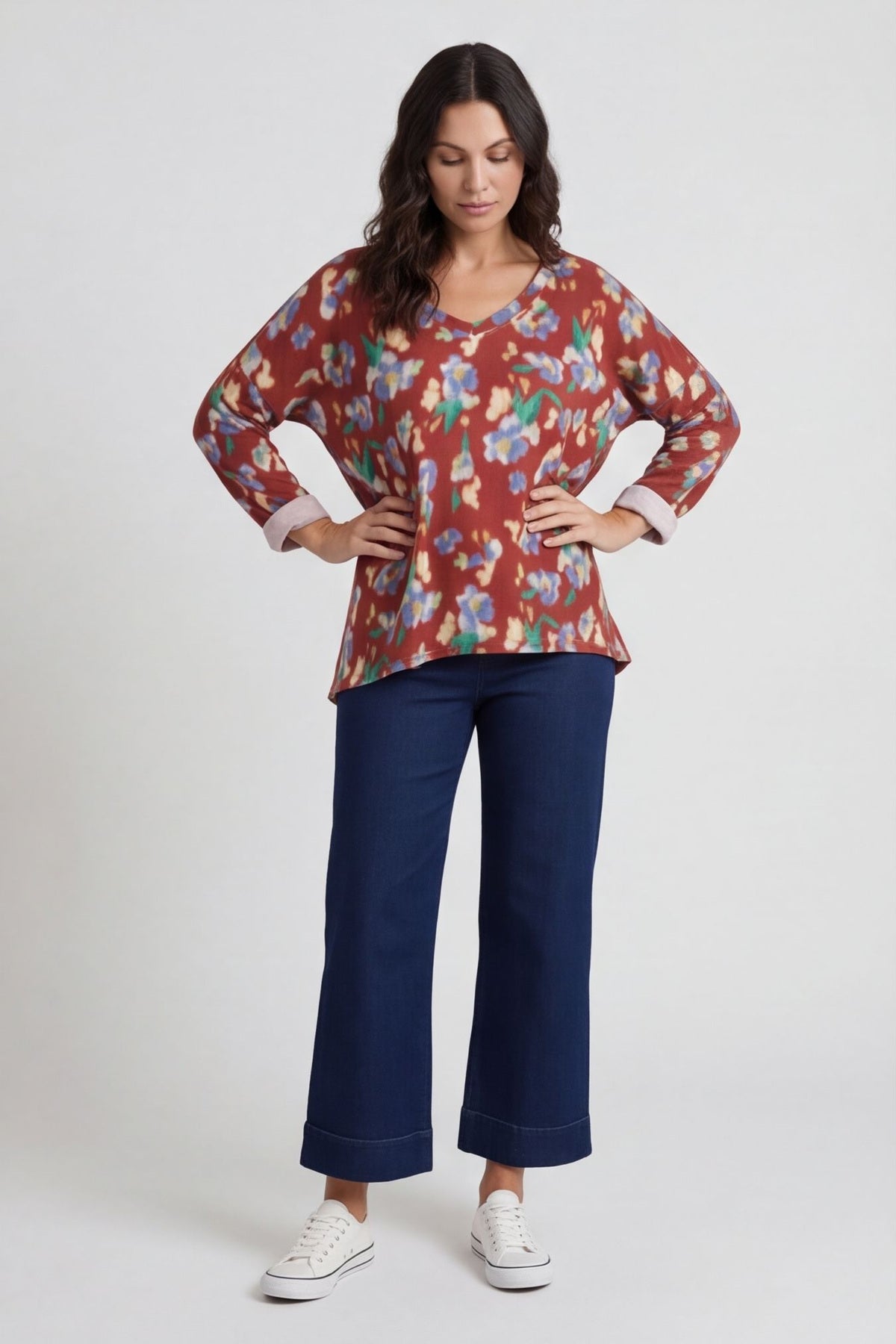 Kirsty Flower V-Neck Knit Top Wine – image 4 of 6