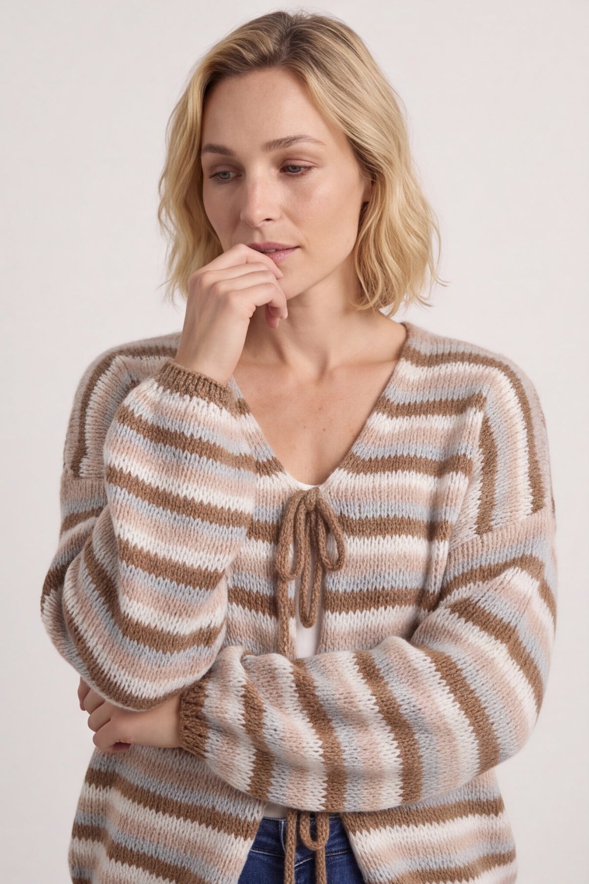 Merlyn Stripe Tie Knitted Cardigan Camel – image 4 of 6