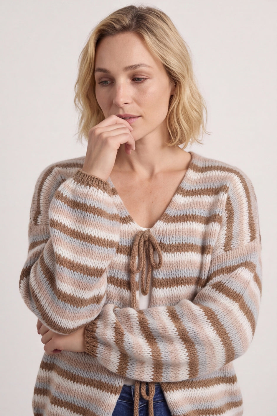 Merlyn Stripe Tie Knitted Cardigan Camel – image 4 of 6