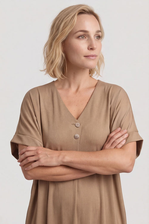 Frieda V-Neck Ribbed Dress Camel – image 4 of 5