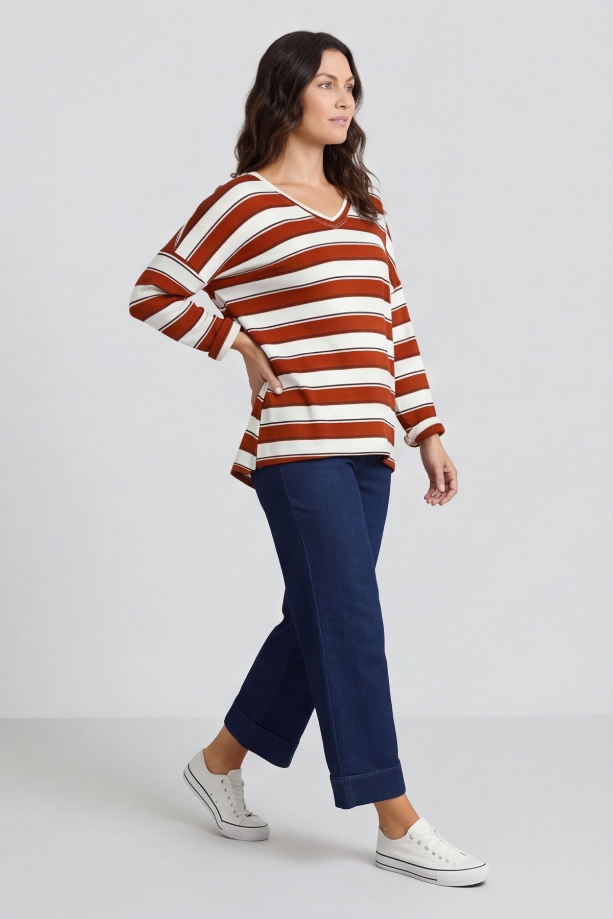 Kirsty Stripe V-Neck Knit Top Burnt Orange – image 4 of 6