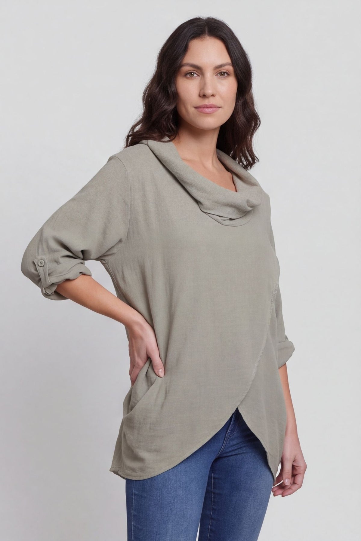 Beulah Cowl Neck Cotton Top Mocha – image 3 of 4