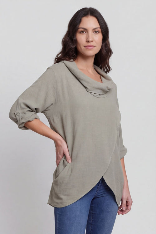Beulah Cowl Neck Cotton Top Mocha – image 3 of 4