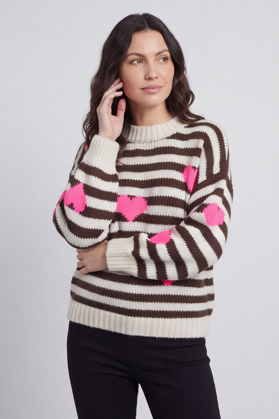 Carina Heart Stripe Knitted Jumper Stone – image 3 of 5
