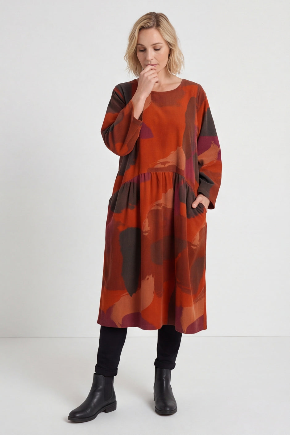 Dreda Print Needlecord Dress Burnt Orange – image 4 of 6