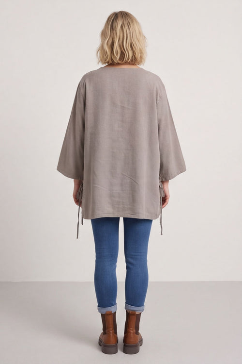 Nulvi V-Neck Linen Top Mocha – image 2 of 4