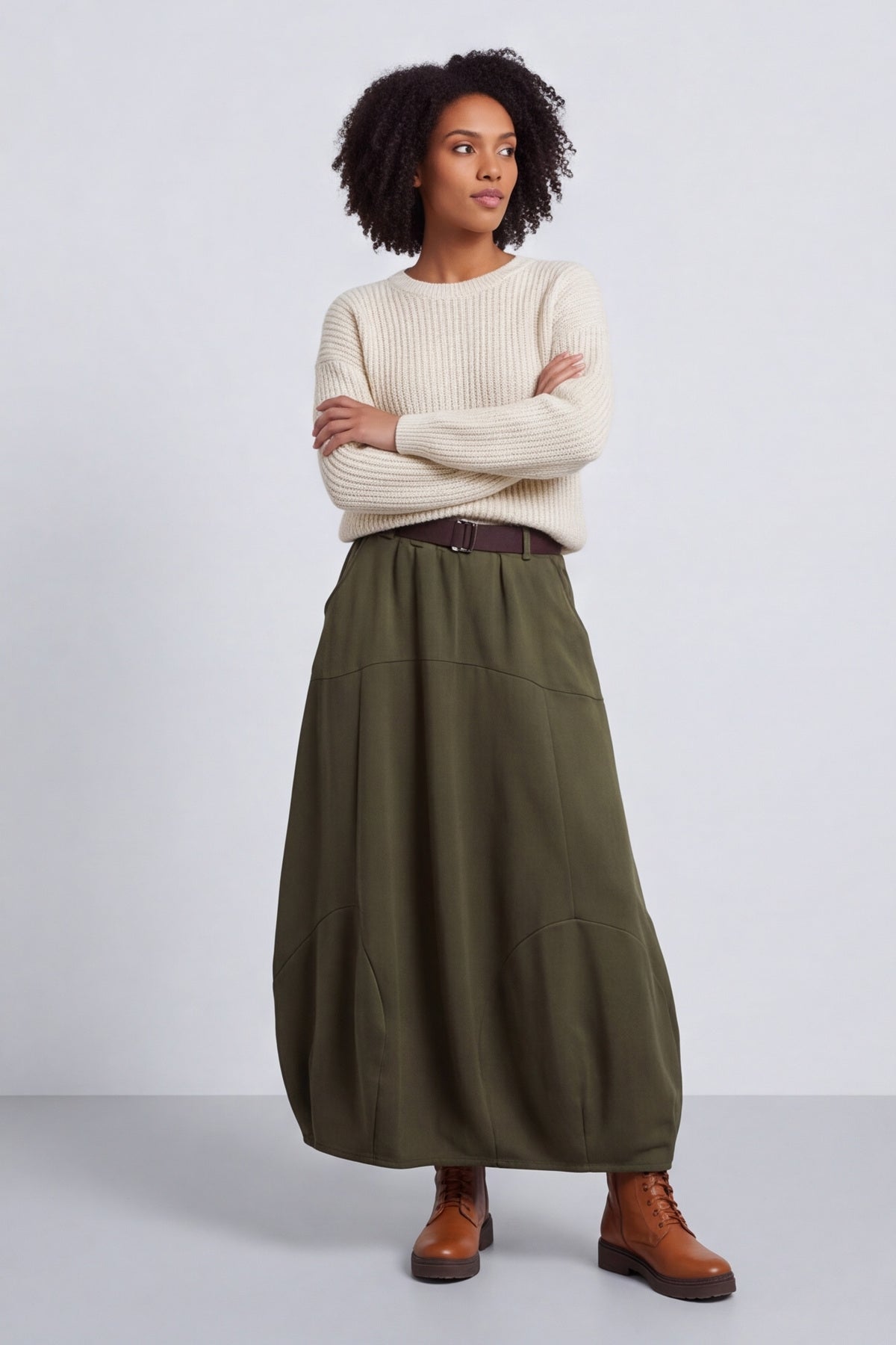 Georgetta Belted Cotton Skirt Khaki – image 4 of 6
