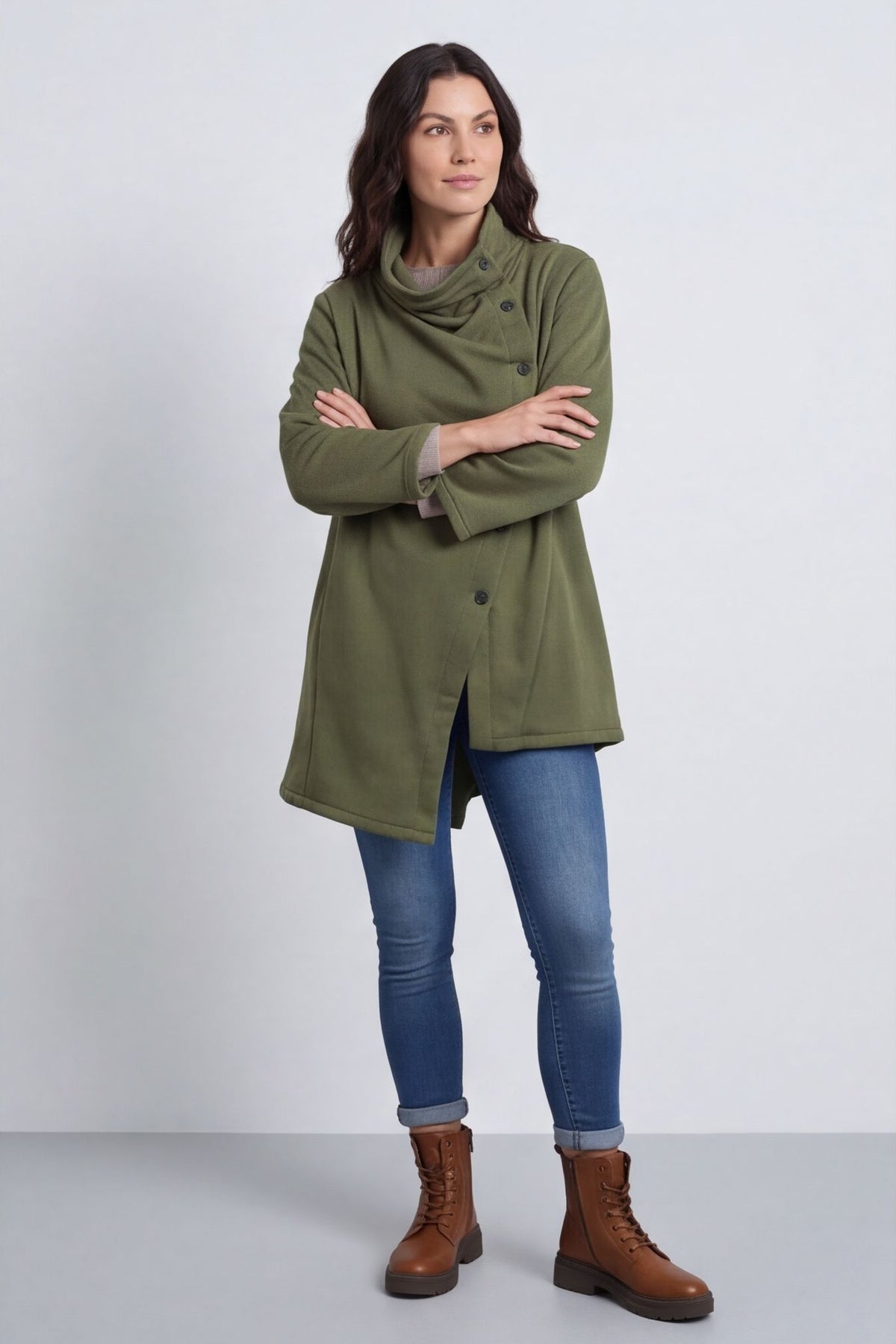 Damaris Asymmetric Button Cotton Top Khaki – image 5 of 6