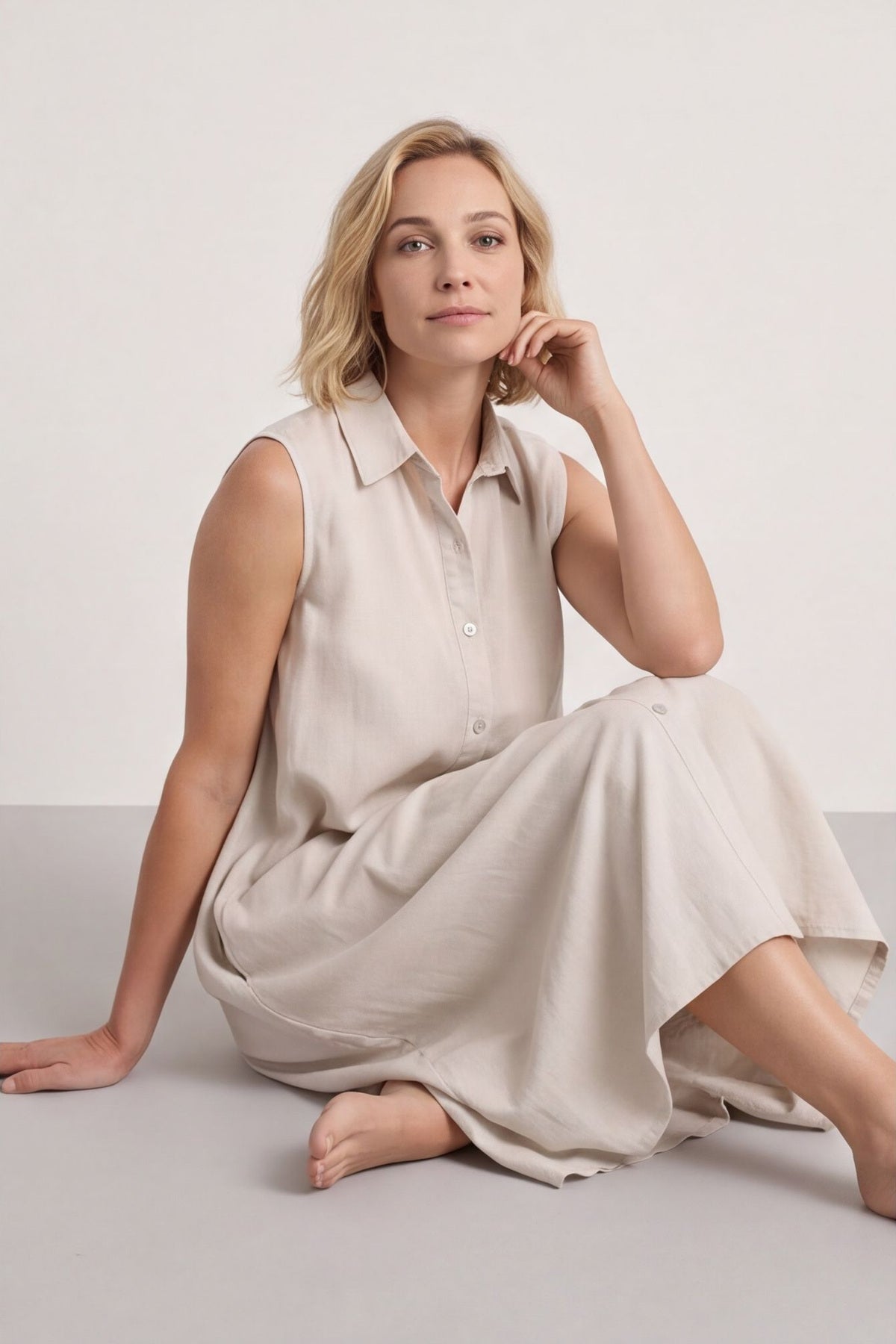 Solaine Sleeveless Linen Dress Stone