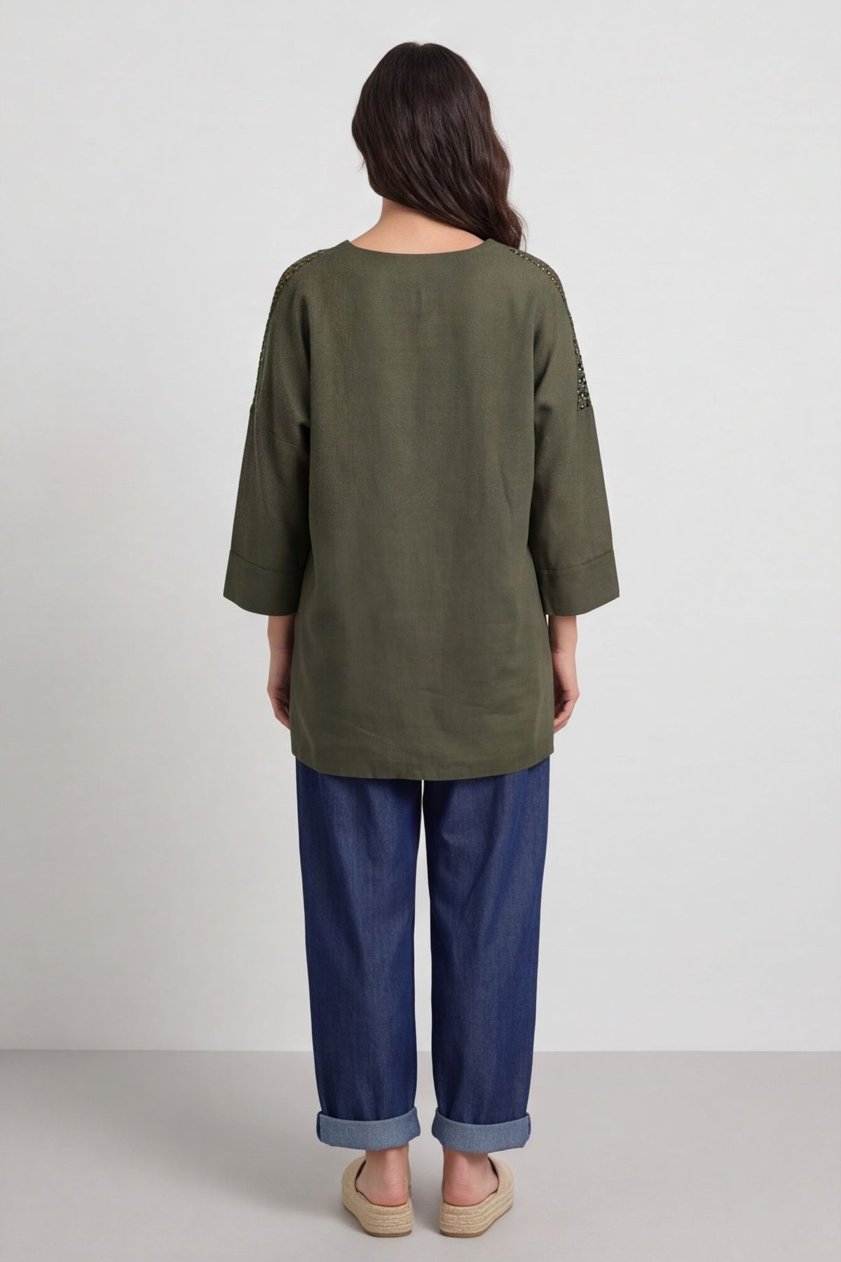 Natasha Crochet Shoulder Linen Top Dark Khaki – image 5 of 6