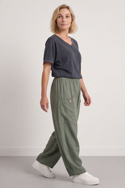 Clarisse Button Pocket Linen Trousers Khaki - Image 2