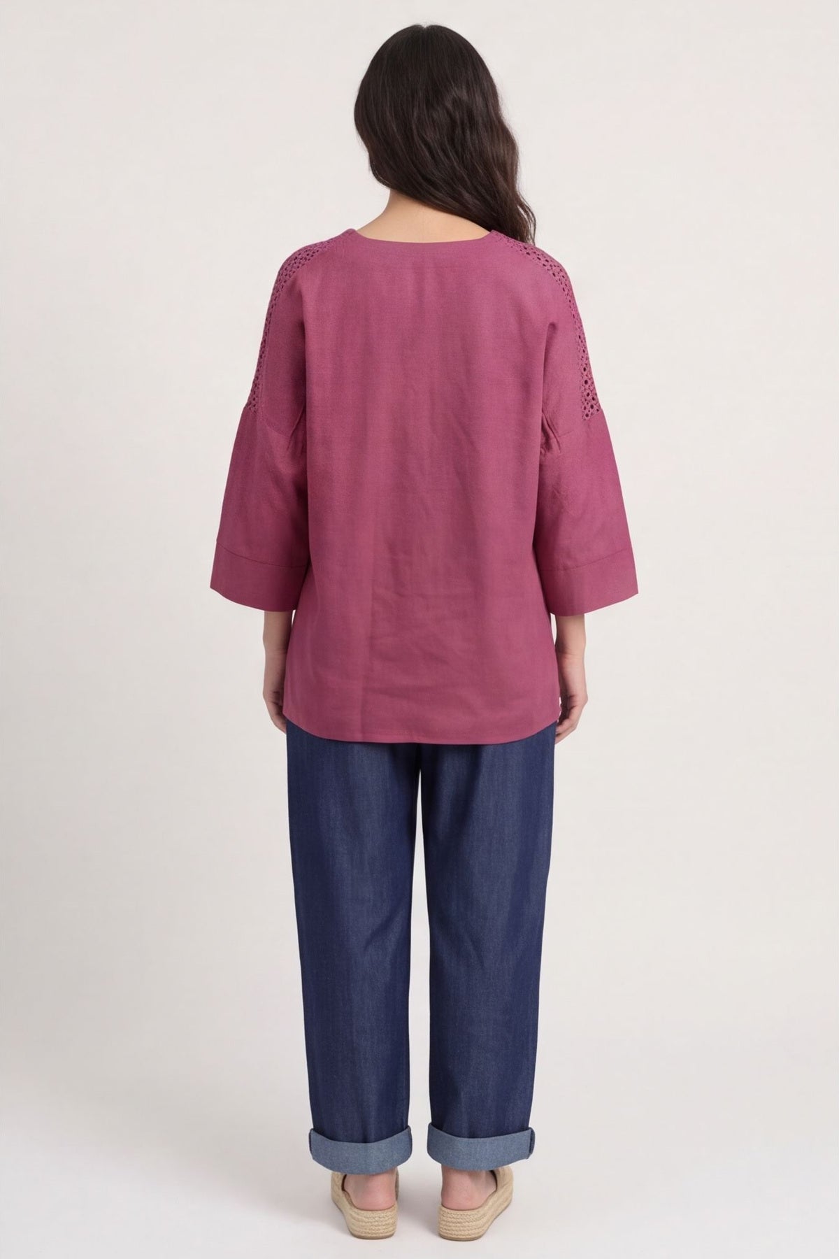 Natasha Crochet Shoulder Linen Top Wine – image 5 of 6