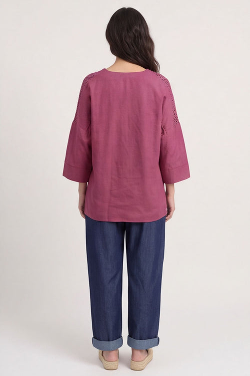 Natasha Crochet Shoulder Linen Top Wine – image 5 of 6