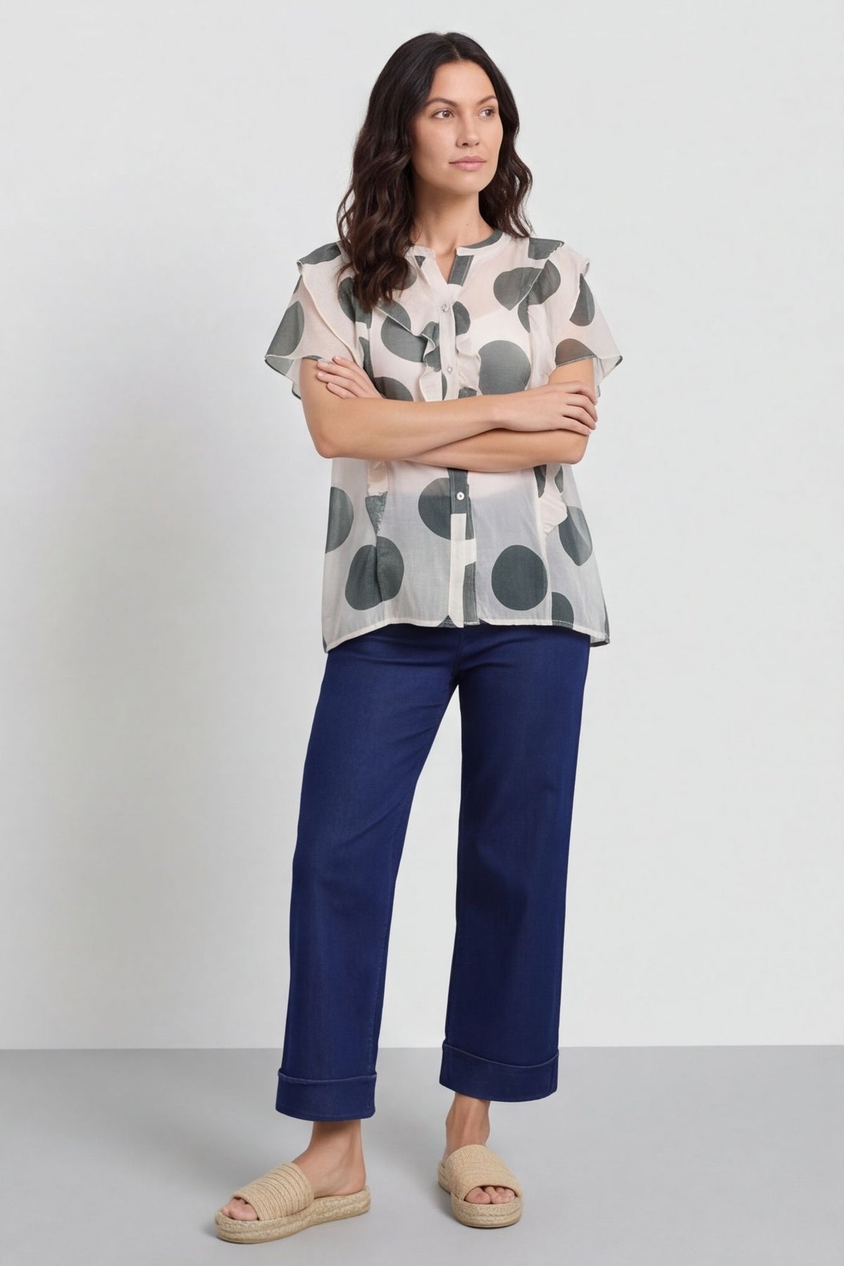 Skye Spot Print Frill Shirt Khaki – image 3 of 4