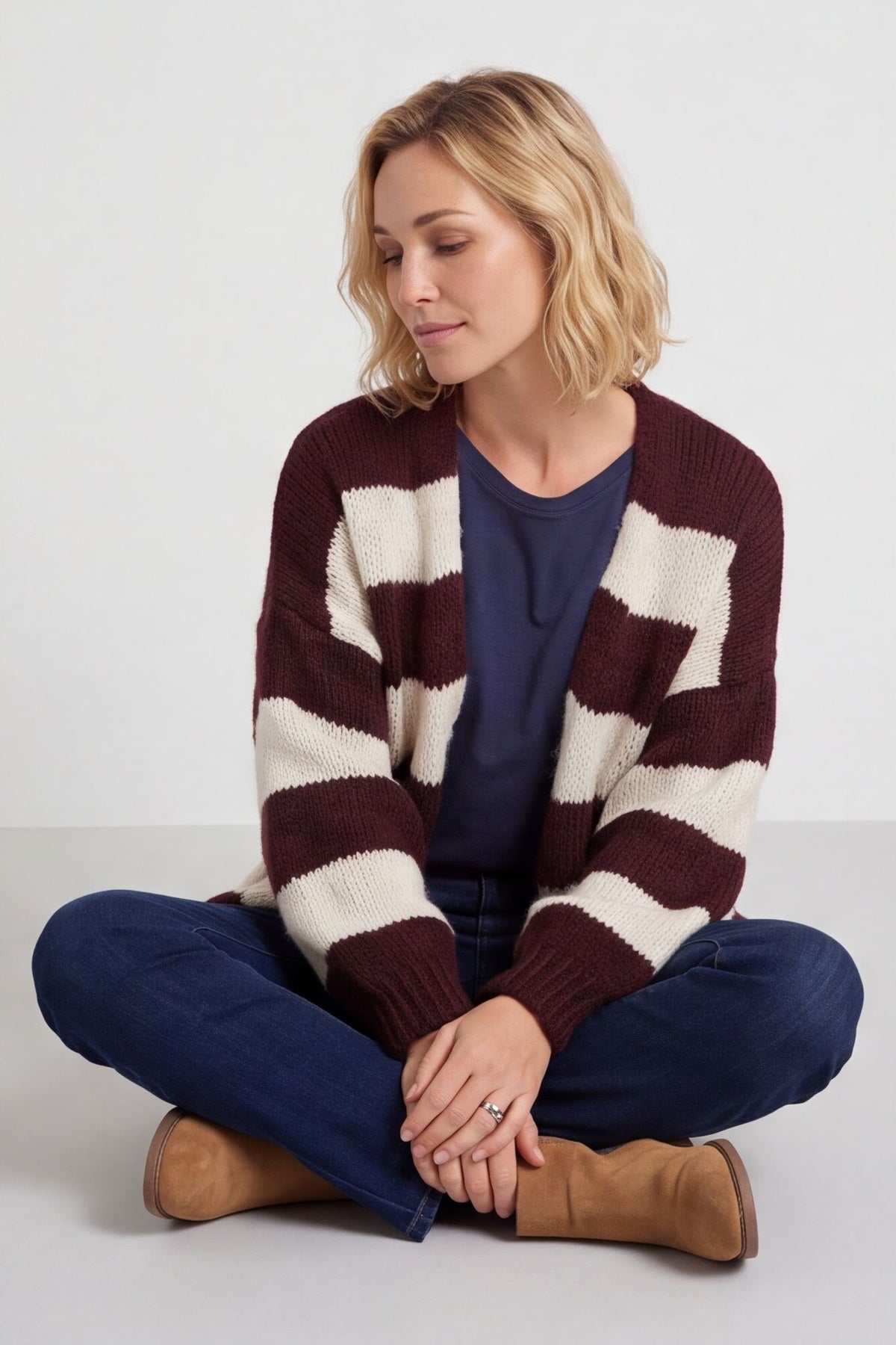 Kennedy Stripe Knitted Cardigan Wine – image 5 of 6