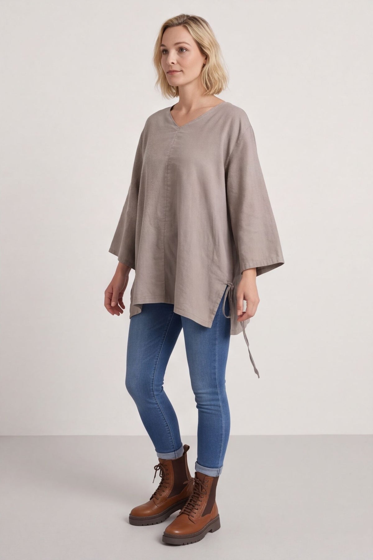 Nulvi V-Neck Linen Top Mocha – image 3 of 4