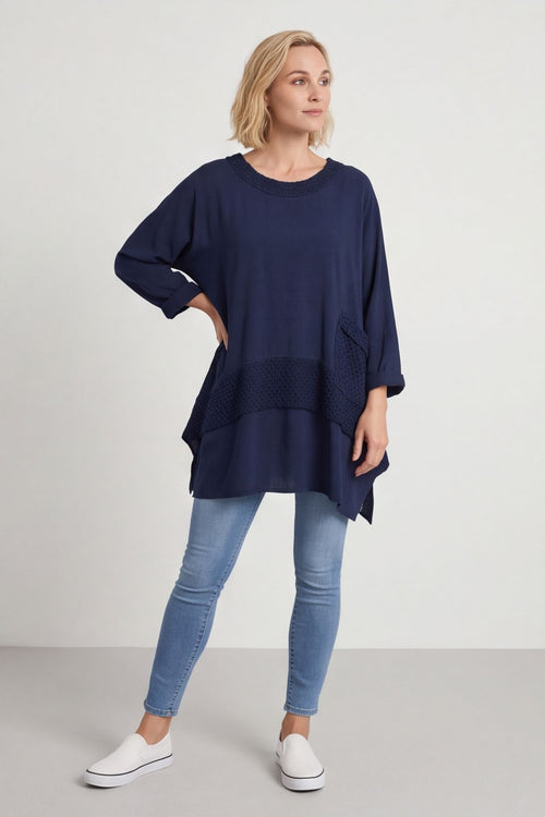 Mozelle Crochet Detail Cotton Top Navy – image 4 of 5
