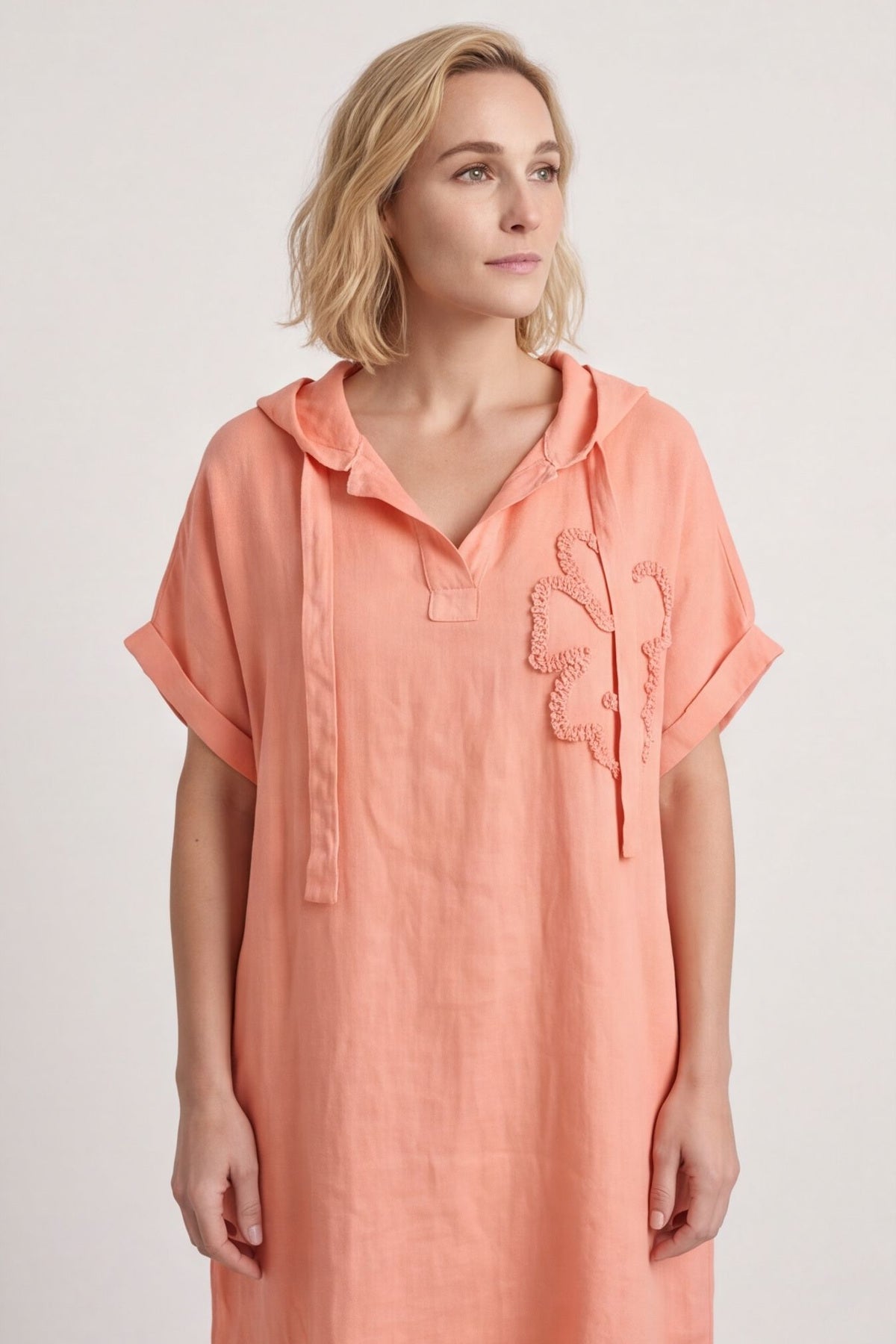 Carlina Hooded Flower Detail Linen Dress Orange – image 5 of 6