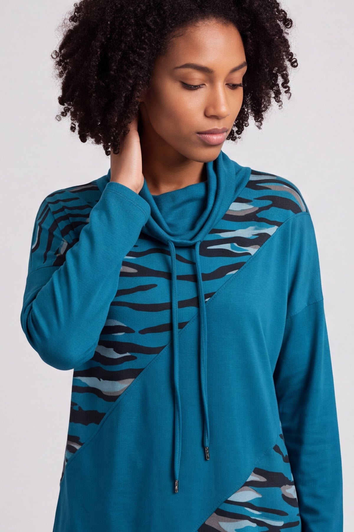 Lydia Cowl Print Cotton Top Teal – image 5 of 6