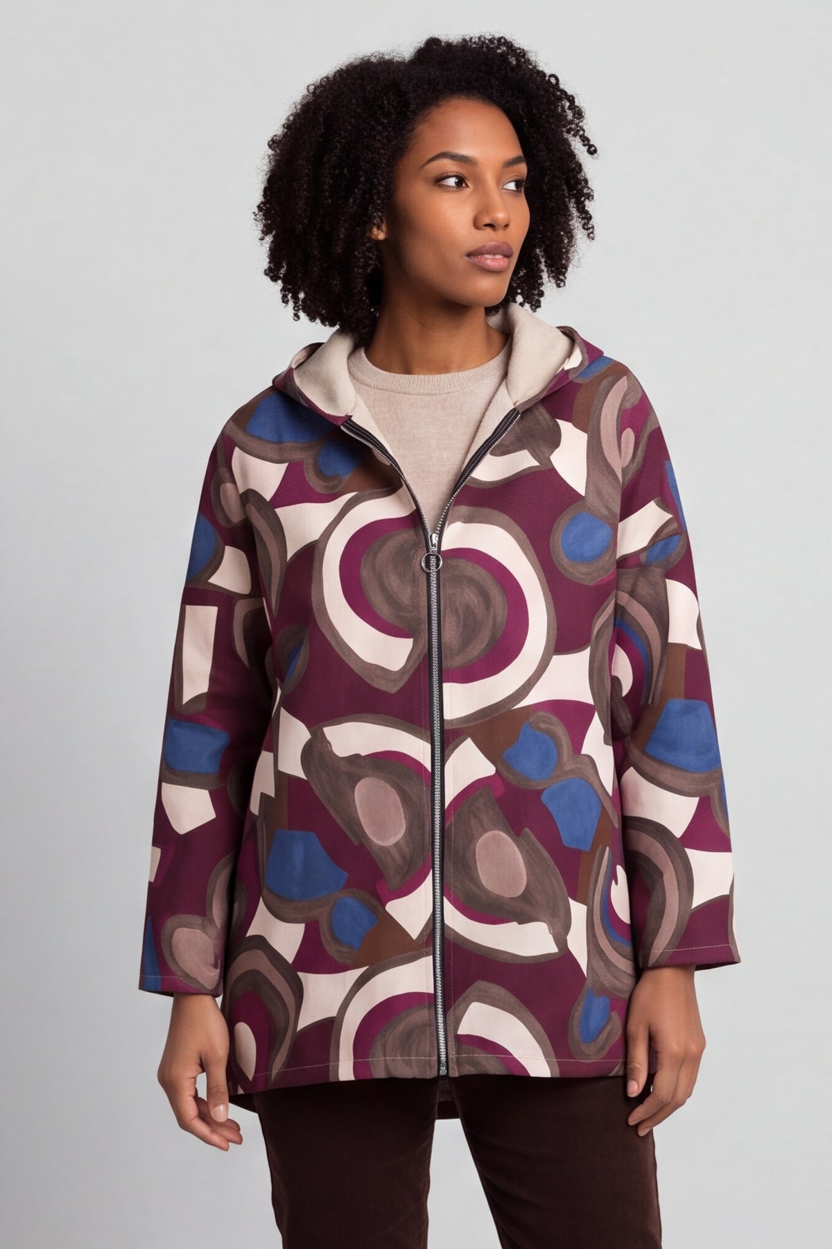 Cynthia Print Zip Hooded Jacket Wine – image 5 of 6