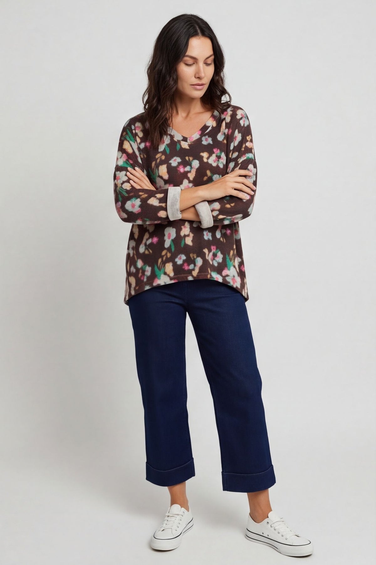 Kirsty Flower V-Neck Knit Top Cocoa – image 5 of 6