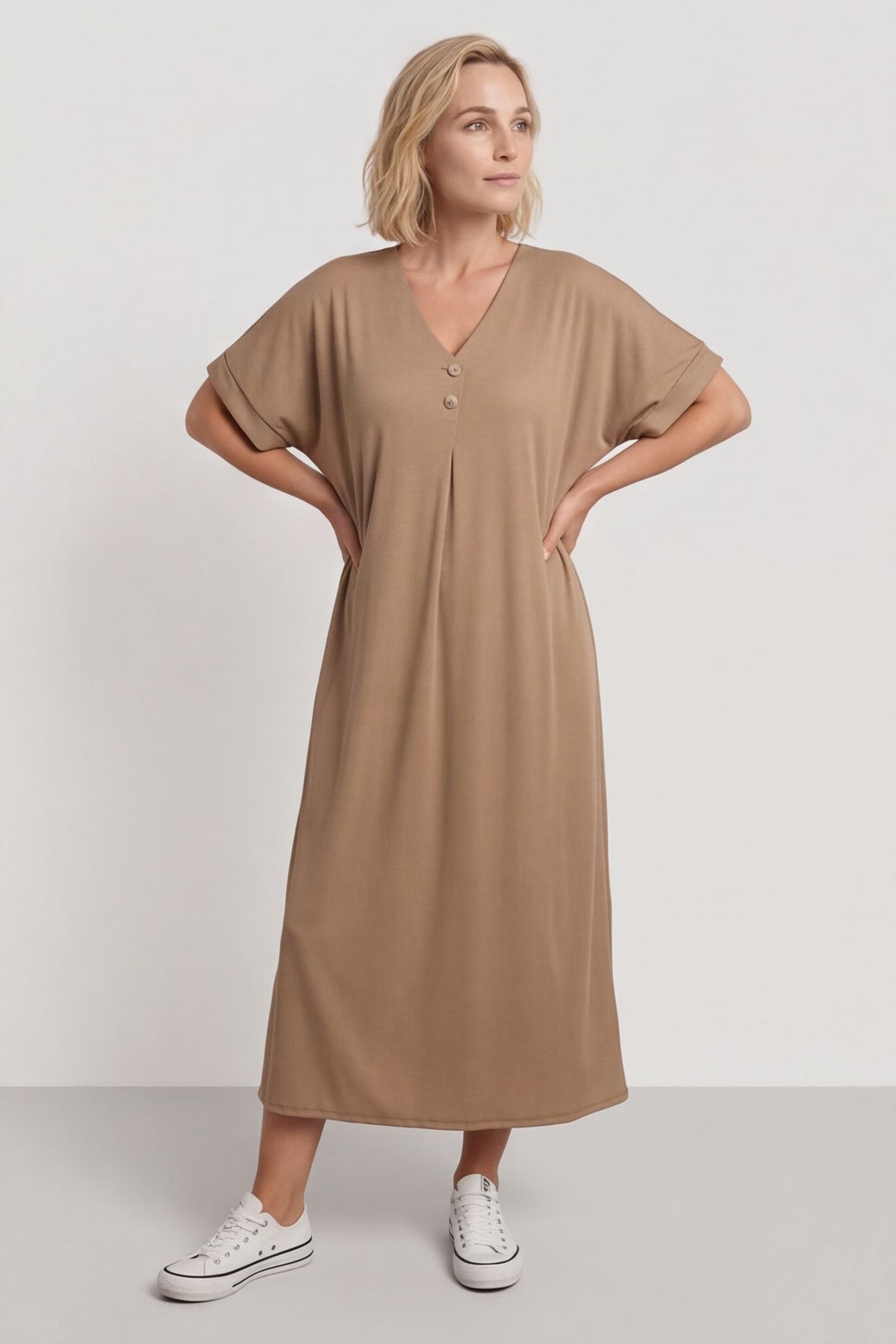 Frieda V-Neck Ribbed Dress Camel – image 5 of 5