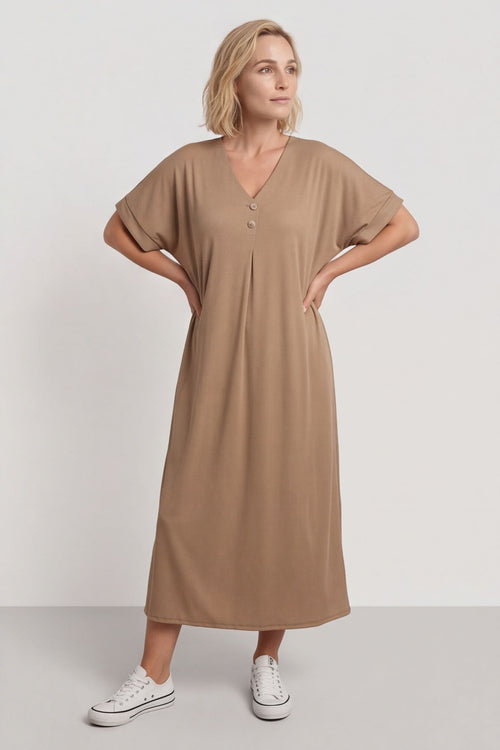 Frieda V-Neck Ribbed Dress Camel – image 5 of 5