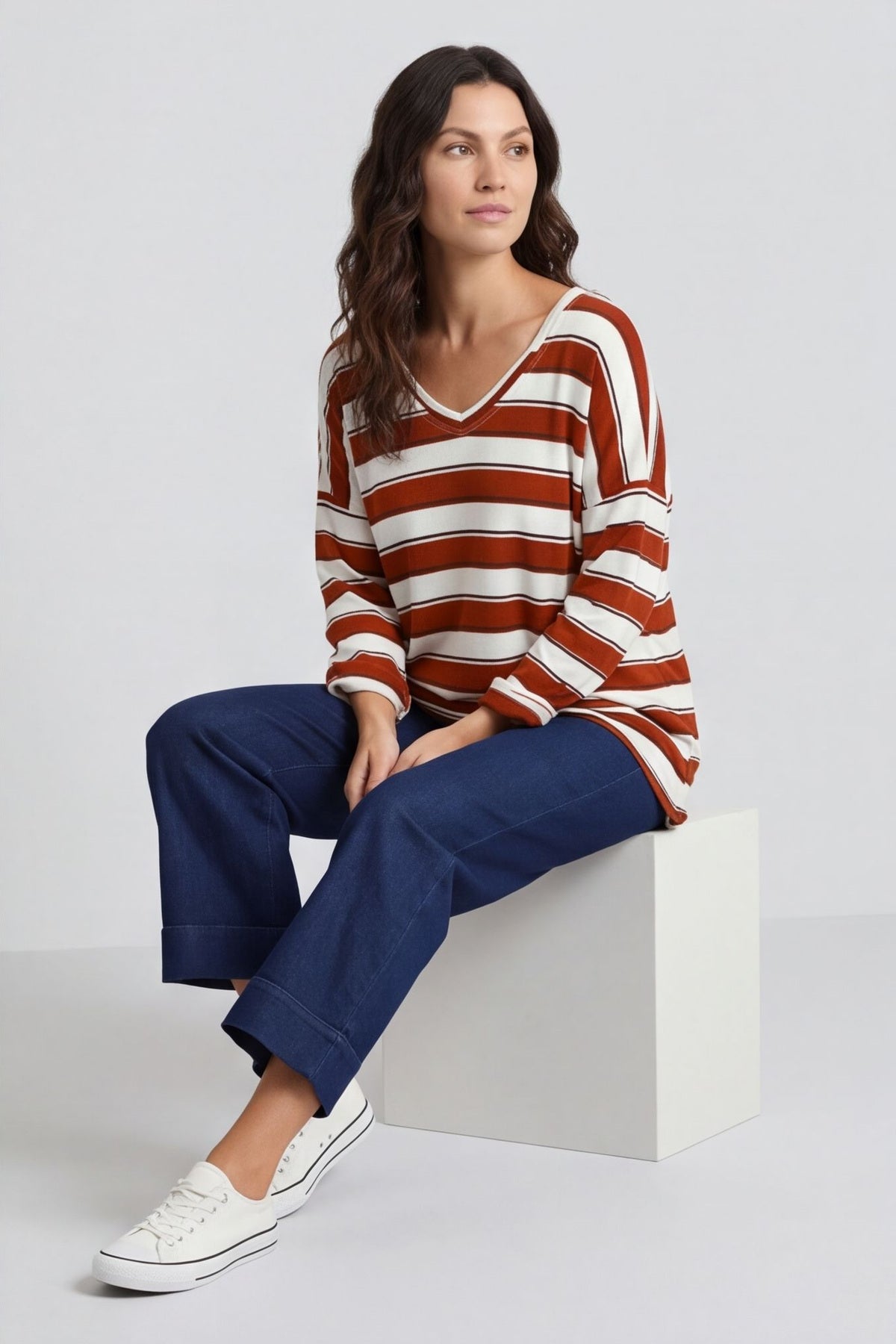 Kirsty Stripe V-Neck Knit Top Burnt Orange – image 6 of 6