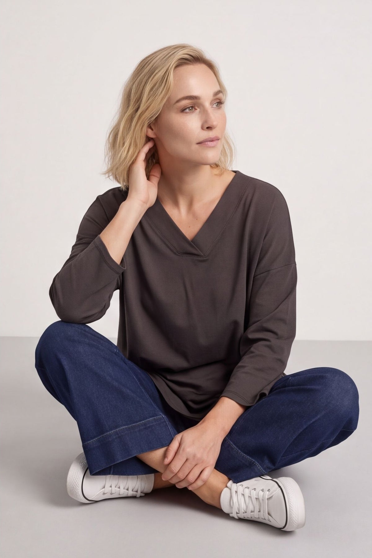 Trecia V-Neck Cotton Top Charcoal – image 5 of 5