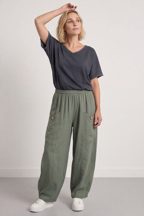 Clarisse Button Pocket Linen Trousers Khaki - Image 7