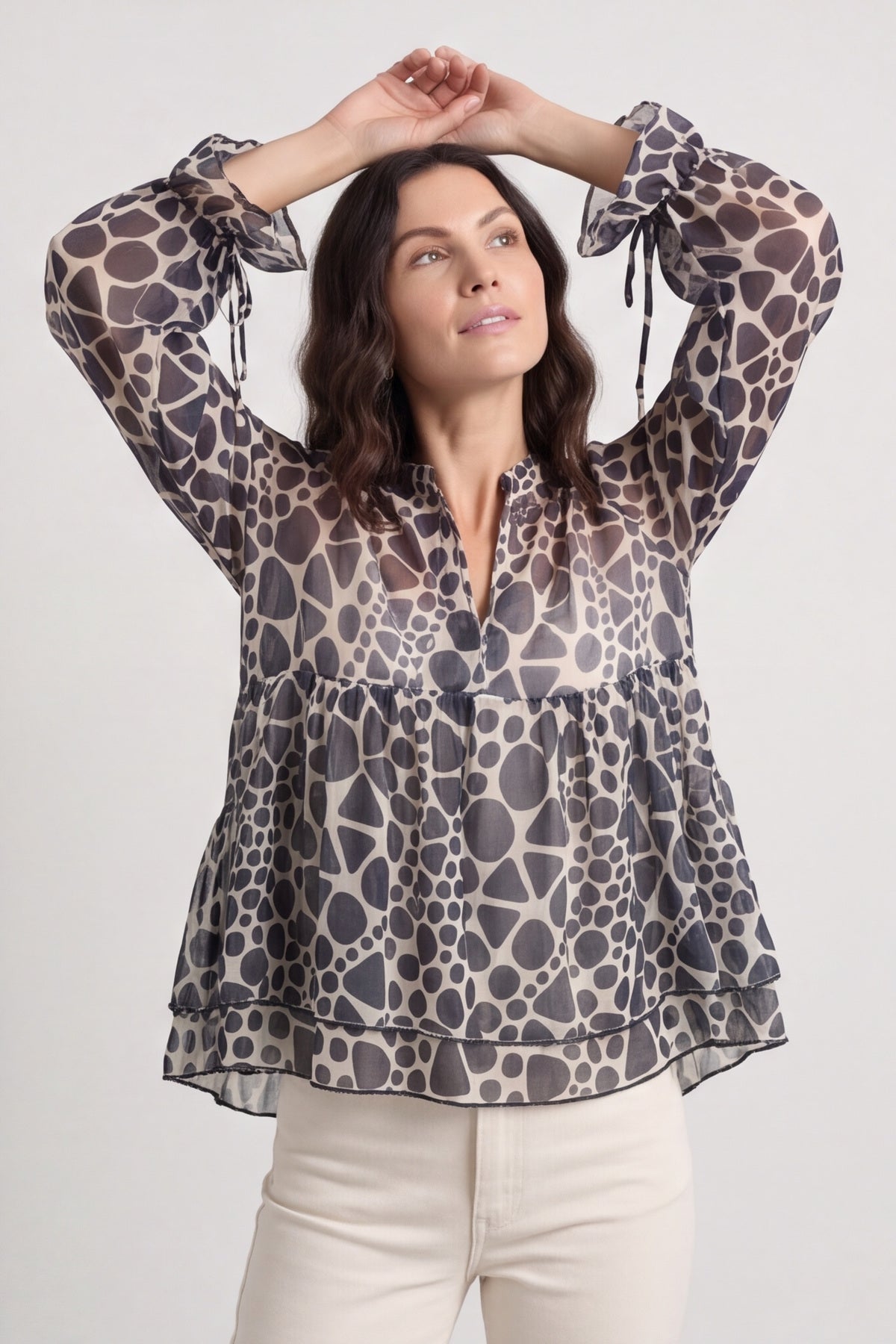 Edith Print Tie Front Top Charcoal – image 6 of 6