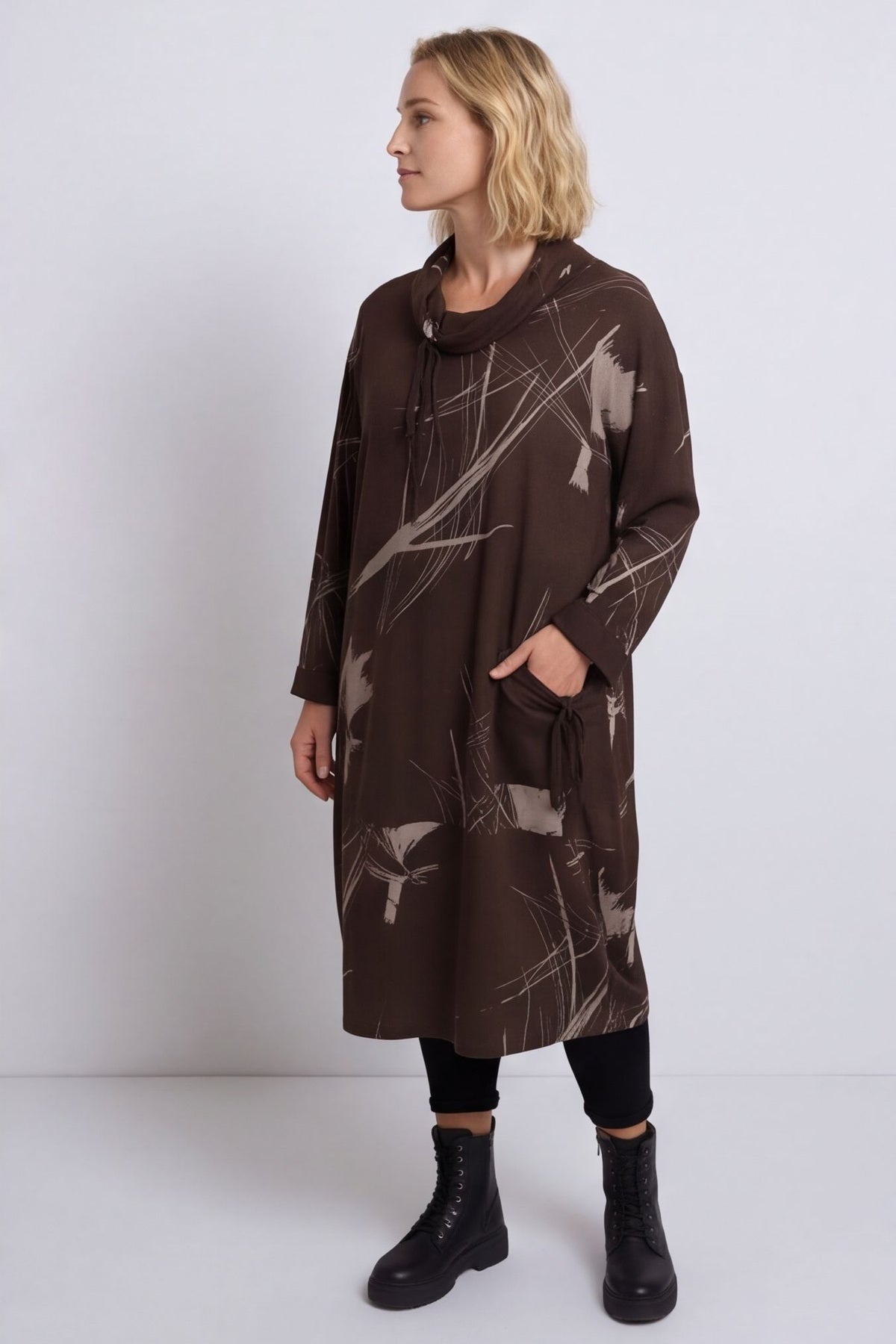 Charlize Pattern Cowl Neck Cotton Dress Cocoa – image 5 of 5