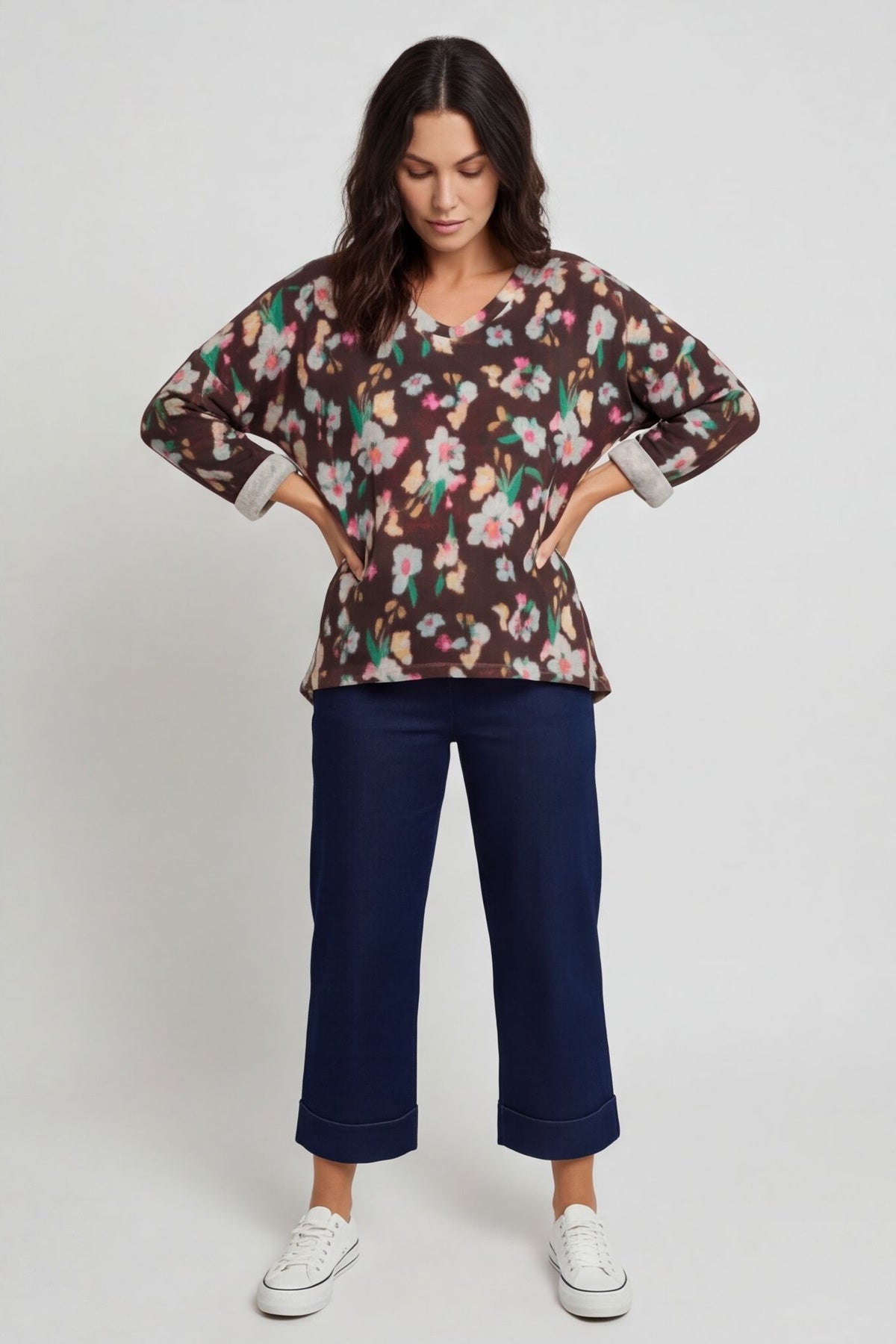 Kirsty Flower V-Neck Knit Top Cocoa – image 6 of 6