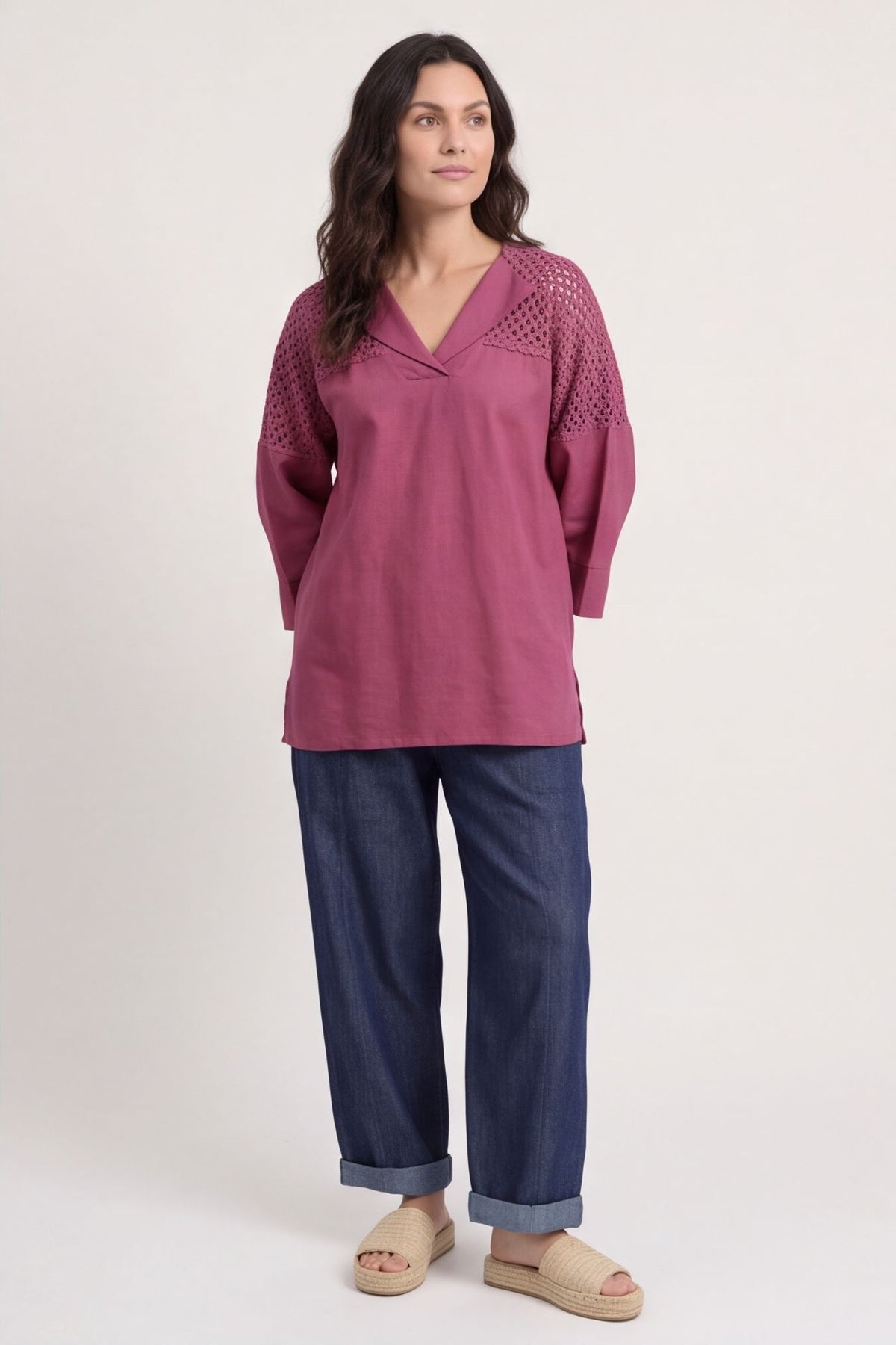 Natasha Crochet Shoulder Linen Top Wine – image 6 of 6